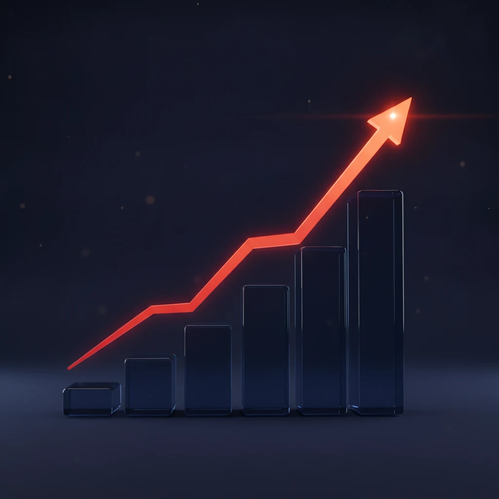 3D rendered ascending bar chart with a glowing upward growth arrow